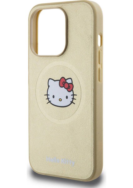 Apple iPhone 15 Pro Uyumlu Hello Kitty Lisanslı Magsafe Şarj Özellikli Kitty Head Deri Gold