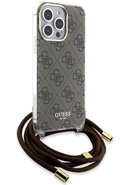 Apple iPhone 15 Pro Max Uyumlu Guess Lisanslı Çapraz Kordon 4g Desenli Kılıf Kahverengi