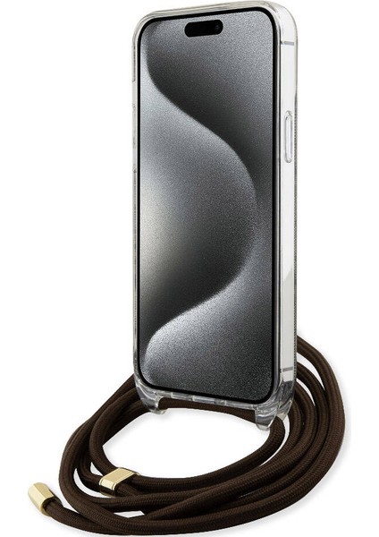 Apple iPhone 15 Pro Max Uyumlu Guess Lisanslı Çapraz Kordon 4g Desenli Kılıf Kahverengi