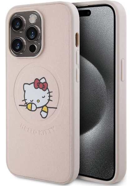 Apple iPhone 15 Pro Hello Kitty Lisanslı Magsafe Özellikli Baskı Logolu Uyuyan Kitty Deri Pembe