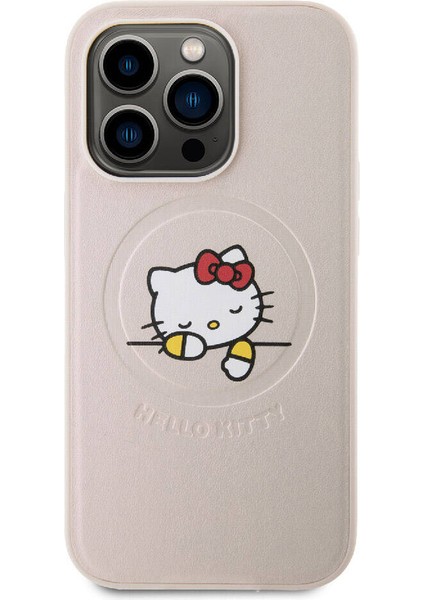 Apple iPhone 15 Pro Hello Kitty Lisanslı Magsafe Özellikli Baskı Logolu Uyuyan Kitty Deri Pembe