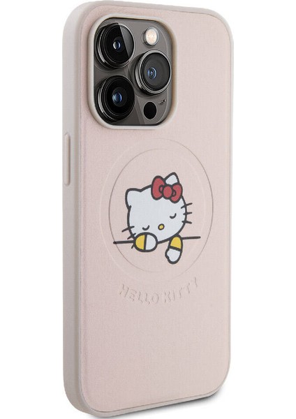 Apple iPhone 15 Pro Hello Kitty Lisanslı Magsafe Özellikli Baskı Logolu Uyuyan Kitty Deri Pembe