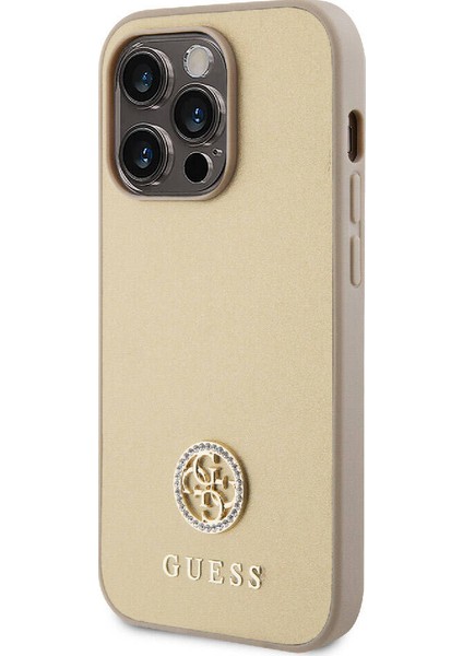 Apple iPhone 15 Pro Uyumlu Guess Lisanslı Deri 4g Metal Logo Strass Kılıf Gold