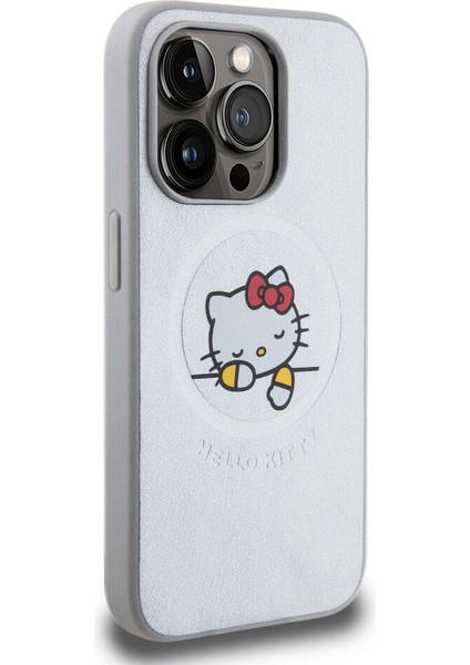 Apple iPhone 15 Pro Hello Kitty Lisanslı Magsafe Özellikli Baskı Logolu Uyuyan Kitty Deri Gümüş