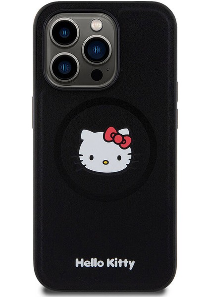 Apple iPhone 15 Pro Uyumlu Hello Kitty Lisanslı Magsafe Şarj Özellikli Kitty Head Deri Siyah