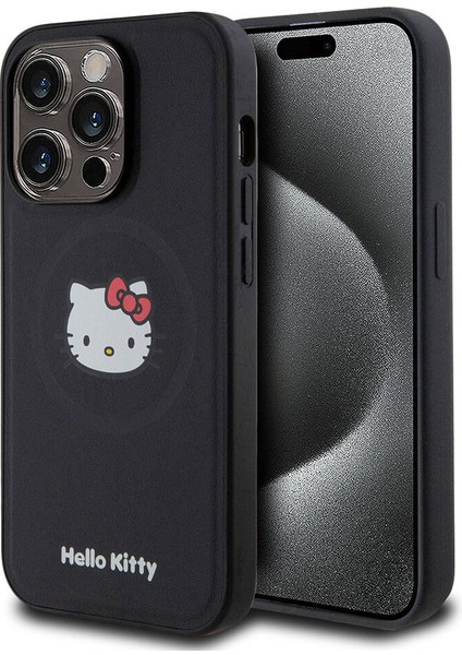 Apple iPhone 15 Pro Uyumlu Hello Kitty Lisanslı Magsafe Şarj Özellikli Kitty Head Deri Siyah