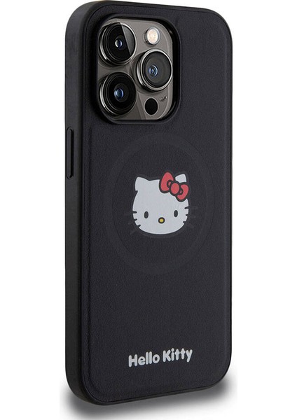 Apple iPhone 15 Pro Uyumlu Hello Kitty Lisanslı Magsafe Şarj Özellikli Kitty Head Deri Siyah