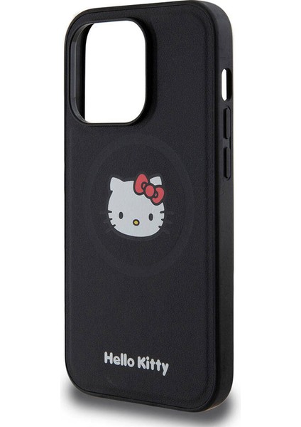 Apple iPhone 15 Pro Uyumlu Hello Kitty Lisanslı Magsafe Şarj Özellikli Kitty Head Deri Siyah