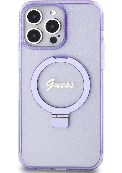 Apple iPhone 15 Pro Max Uyumlu Guess Lisanslı Magsafe Özellikli Simli Ring Standlı Mor
