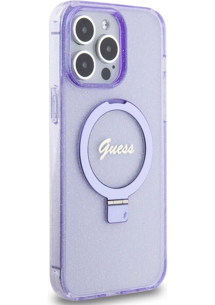 Apple iPhone 15 Pro Max Uyumlu Guess Lisanslı Magsafe Özellikli Simli Ring Standlı Mor