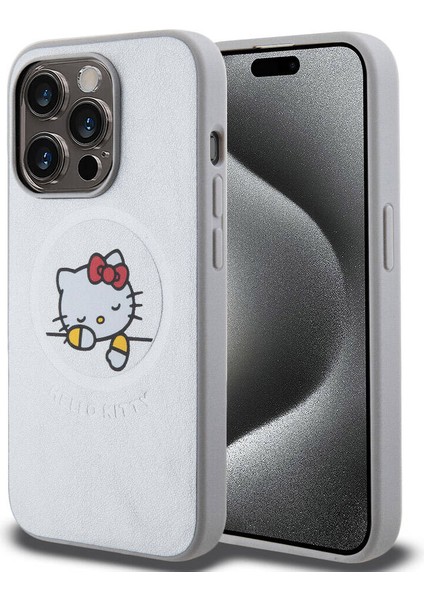 Apple iPhone 15 Pro Max Hello Kitty Lisans Magsafe Özellikli Baskı Logo Uyuyan Kitty Deri Gümüş