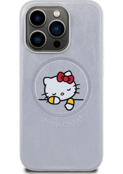 Apple iPhone 15 Pro Max Hello Kitty Lisans Magsafe Özellikli Baskı Logo Uyuyan Kitty Deri Gümüş