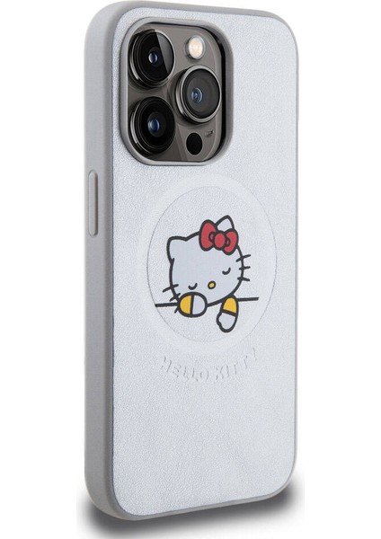 Apple iPhone 15 Pro Max Hello Kitty Lisans Magsafe Özellikli Baskı Logo Uyuyan Kitty Deri Gümüş