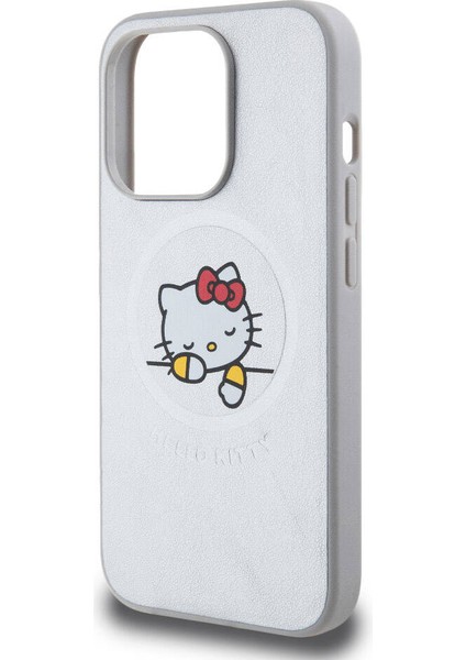 Apple iPhone 15 Pro Max Hello Kitty Lisans Magsafe Özellikli Baskı Logo Uyuyan Kitty Deri Gümüş