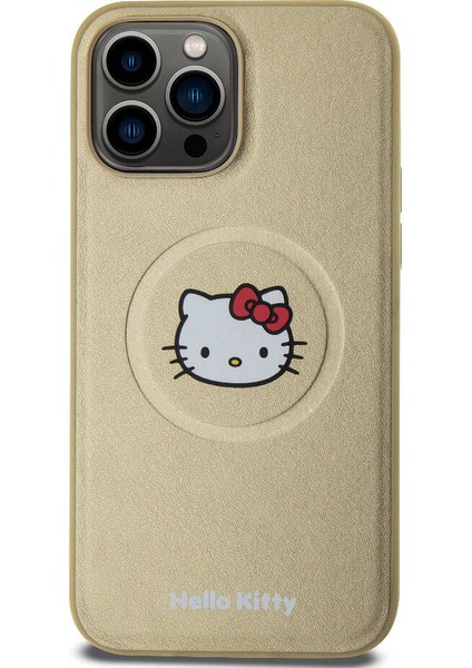 Apple iPhone 15 Pro Max Uyumlu Hello Kitty Lisanslı Magsafe Şarj Özellikli Kitty Head Deri Gold