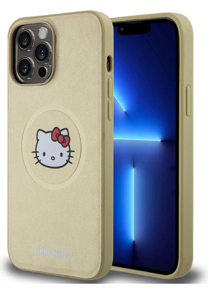 Apple iPhone 15 Pro Max Uyumlu Hello Kitty Lisanslı Magsafe Şarj Özellikli Kitty Head Deri Gold