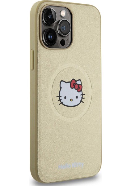 Apple iPhone 15 Pro Max Uyumlu Hello Kitty Lisanslı Magsafe Şarj Özellikli Kitty Head Deri Gold