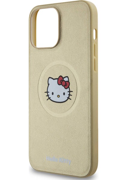 Apple iPhone 15 Pro Max Uyumlu Hello Kitty Lisanslı Magsafe Şarj Özellikli Kitty Head Deri Gold