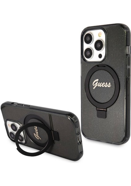 Apple iPhone 15 Pro Uyumlu Guess Lisanslı Magsafe Özellikli Simli Ring Standlı Siyah