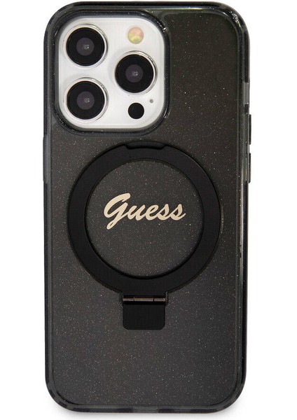 Apple iPhone 15 Pro Uyumlu Guess Lisanslı Magsafe Özellikli Simli Ring Standlı Siyah