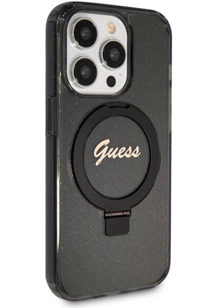 Apple iPhone 15 Pro Uyumlu Guess Lisanslı Magsafe Özellikli Simli Ring Standlı Siyah