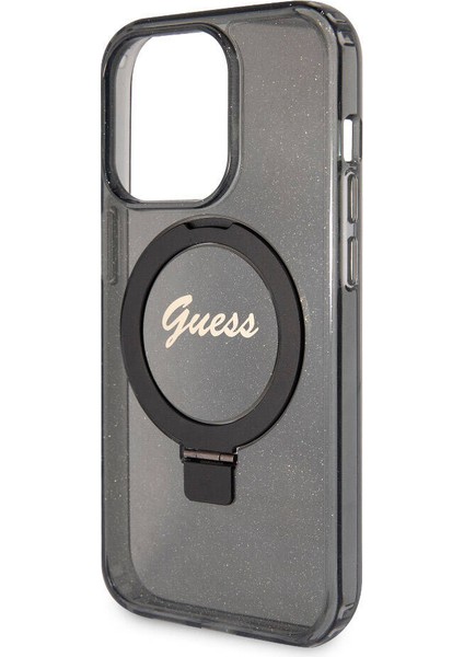 Apple iPhone 15 Pro Uyumlu Guess Lisanslı Magsafe Özellikli Simli Ring Standlı Siyah
