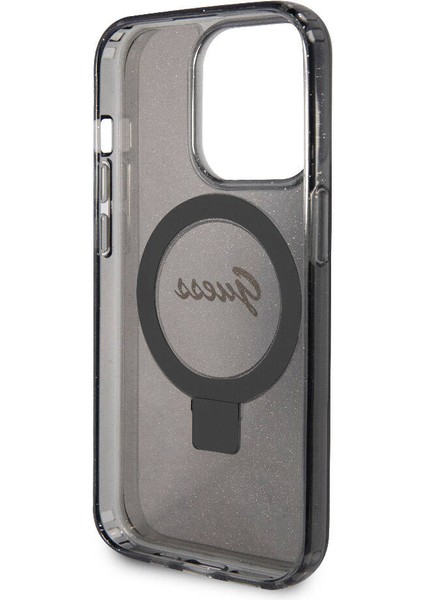 Apple iPhone 15 Pro Uyumlu Guess Lisanslı Magsafe Özellikli Simli Ring Standlı Siyah