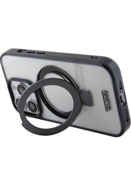 Apple iPhone 15 Pro Tumı Lisanslı Magsafe Özellikli Metal Logolu Ring Standlı Silikon Beyaz