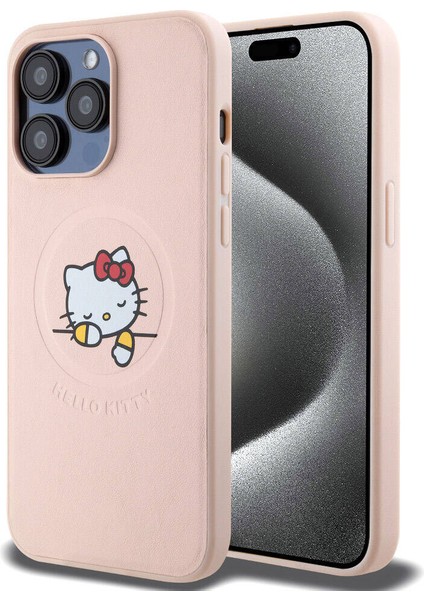 Apple iPhone 15 Pro Max Hello Kitty Lisans Magsafe Özellik Baskı Logolu Uyuyan Kitty Deri Pembe