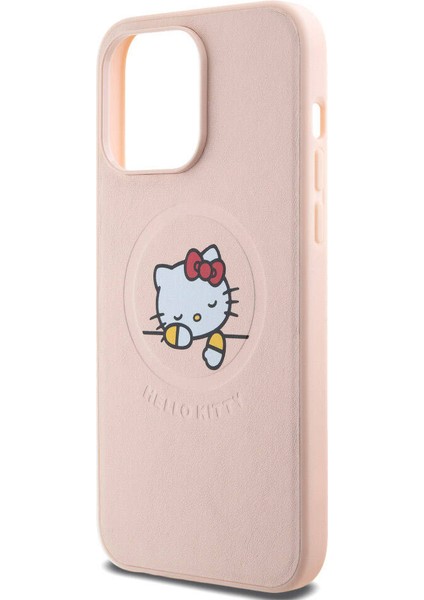 Apple iPhone 15 Pro Max Hello Kitty Lisans Magsafe Özellik Baskı Logolu Uyuyan Kitty Deri Pembe