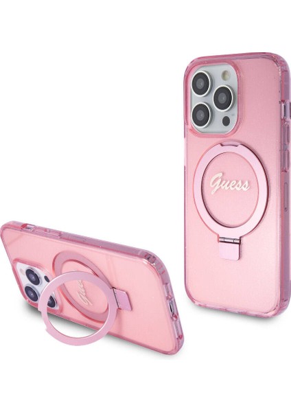 Apple iPhone 15 Pro Uyumlu Guess Lisanslı Magsafe Özellikli Simli Ring Standlı Pembe