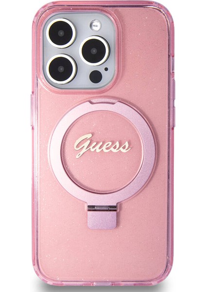 Apple iPhone 15 Pro Uyumlu Guess Lisanslı Magsafe Özellikli Simli Ring Standlı Pembe