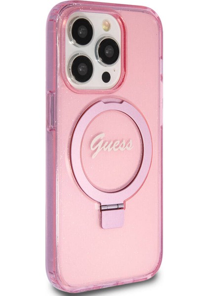Apple iPhone 15 Pro Uyumlu Guess Lisanslı Magsafe Özellikli Simli Ring Standlı Pembe
