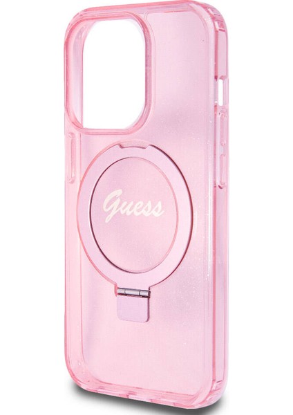 Apple iPhone 15 Pro Uyumlu Guess Lisanslı Magsafe Özellikli Simli Ring Standlı Pembe
