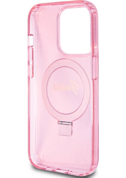 Apple iPhone 15 Pro Uyumlu Guess Lisanslı Magsafe Özellikli Simli Ring Standlı Pembe