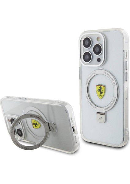 Apple iPhone 15 Pro Uyumlu Ferrari Magsafe Şarj Özellikli Standlı Buzlu Yüzey Dizayn Kılıf Gümüş