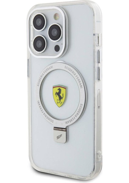 Apple iPhone 15 Pro Uyumlu Ferrari Magsafe Şarj Özellikli Standlı Buzlu Yüzey Dizayn Kılıf Gümüş fiyatları