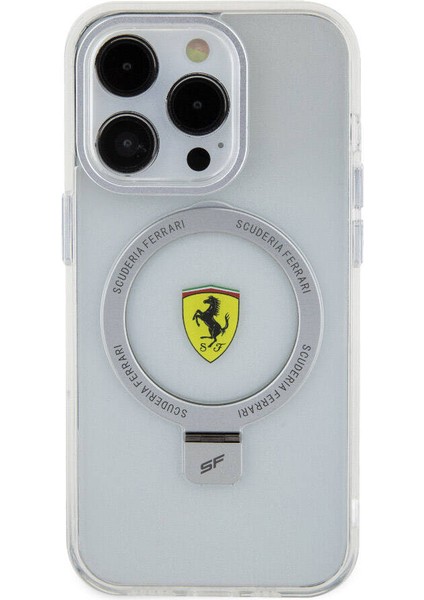 Apple iPhone 15 Pro Uyumlu Ferrari Magsafe Şarj Özellikli Standlı Buzlu Yüzey Dizayn Kılıf Gümüş modelleri