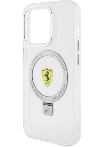 Apple iPhone 15 Pro Uyumlu Ferrari Magsafe Şarj Özellikli Standlı Buzlu Yüzey Dizayn Kılıf Gümüş indirimleri