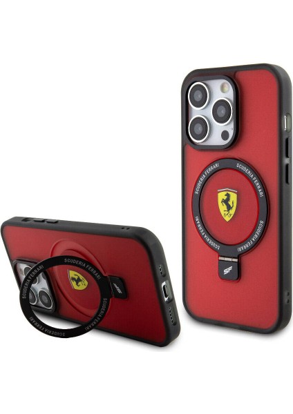 Apple iPhone 15 Pro Max Uyumlu Ferrari Magsafe Şarj Özellikli Standlı Buzlu Yüzey Dizayn Kılıf Kırmızı