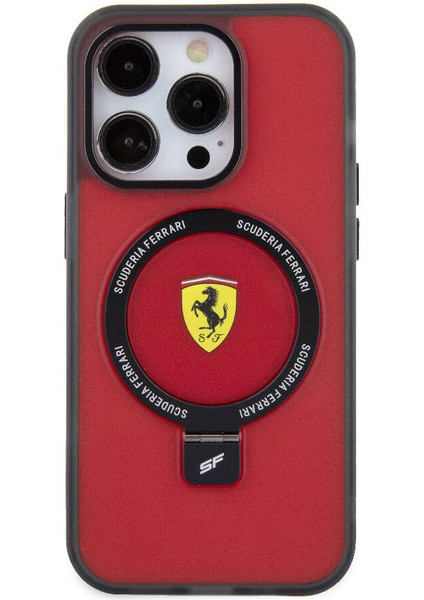 Apple iPhone 15 Pro Max Uyumlu Ferrari Magsafe Şarj Özellikli Standlı Buzlu Yüzey Dizayn Kılıf Kırmızı fiyatları
