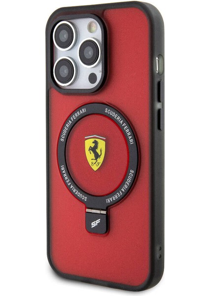 Apple iPhone 15 Pro Max Uyumlu Ferrari Magsafe Şarj Özellikli Standlı Buzlu Yüzey Dizayn Kılıf Kırmızı modelleri