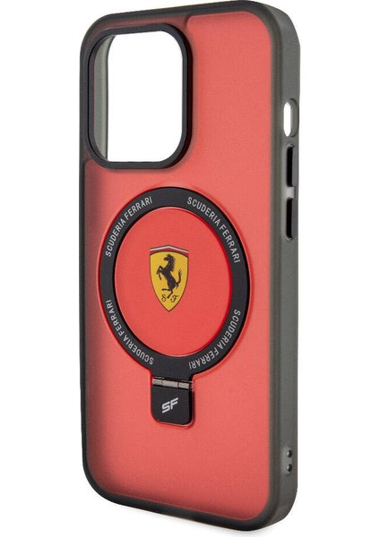 Apple iPhone 15 Pro Max Uyumlu Ferrari Magsafe Şarj Özellikli Standlı Buzlu Yüzey Dizayn Kılıf Kırmızı indirimleri