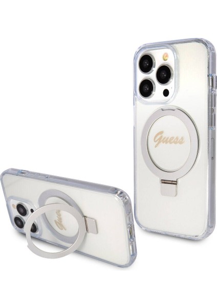 Apple iPhone 15 Pro Max Uyumlu Guess Lisanslı Magsafe Şarj Özellikli Simli Ring Standlı Şeffaf