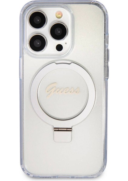 Apple iPhone 15 Pro Max Uyumlu Guess Lisanslı Magsafe Şarj Özellikli Simli Ring Standlı Şeffaf