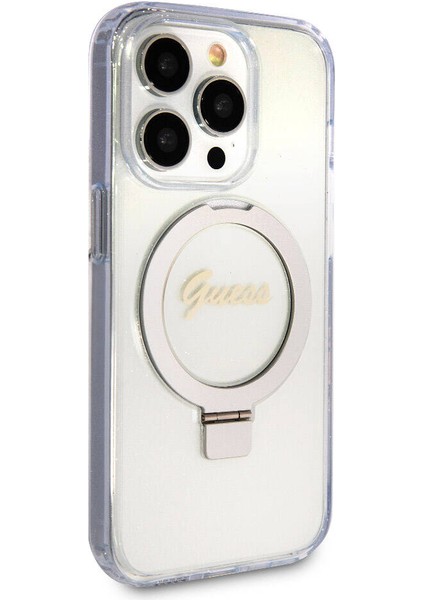 Apple iPhone 15 Pro Max Uyumlu Guess Lisanslı Magsafe Şarj Özellikli Simli Ring Standlı Şeffaf