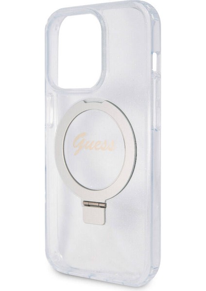 Apple iPhone 15 Pro Max Uyumlu Guess Lisanslı Magsafe Şarj Özellikli Simli Ring Standlı Şeffaf