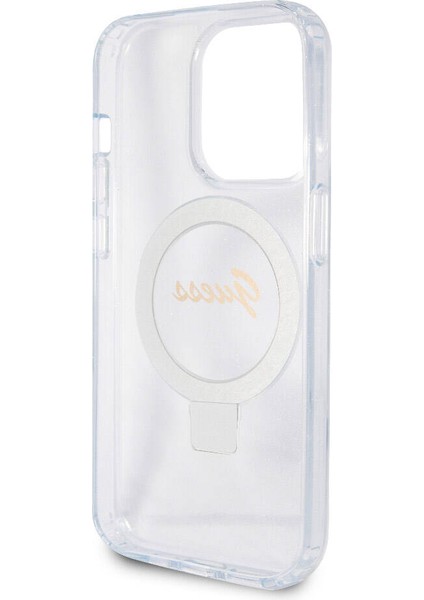 Apple iPhone 15 Pro Max Uyumlu Guess Lisanslı Magsafe Şarj Özellikli Simli Ring Standlı Şeffaf
