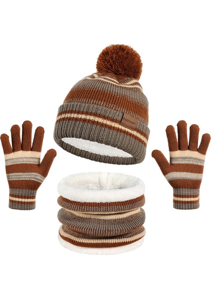 Çocuk Şapkası, Atkı ve Eldiven Üçü Bir Arada Set Sonbahar ve Kış Örme Artı Kadife Sıcak Şapka Üçlü Set (Yurt Dışından)