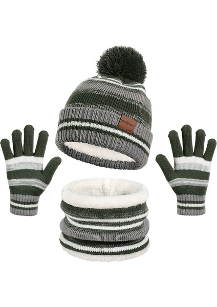 Çocuk Şapkası, Atkı ve Eldiven Üçü Bir Arada Set Sonbahar ve Kış Örme Artı Kadife Sıcak Şapka Üçlü Set (Yurt Dışından)